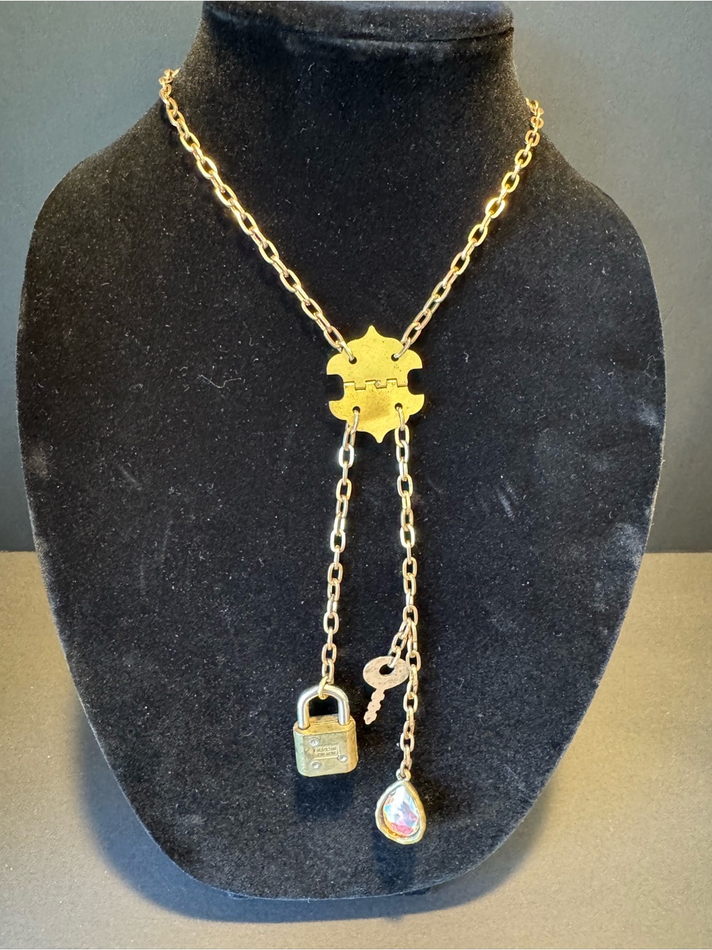Brass Lariat Necklace with Padlock, Key and Teardrop Charm